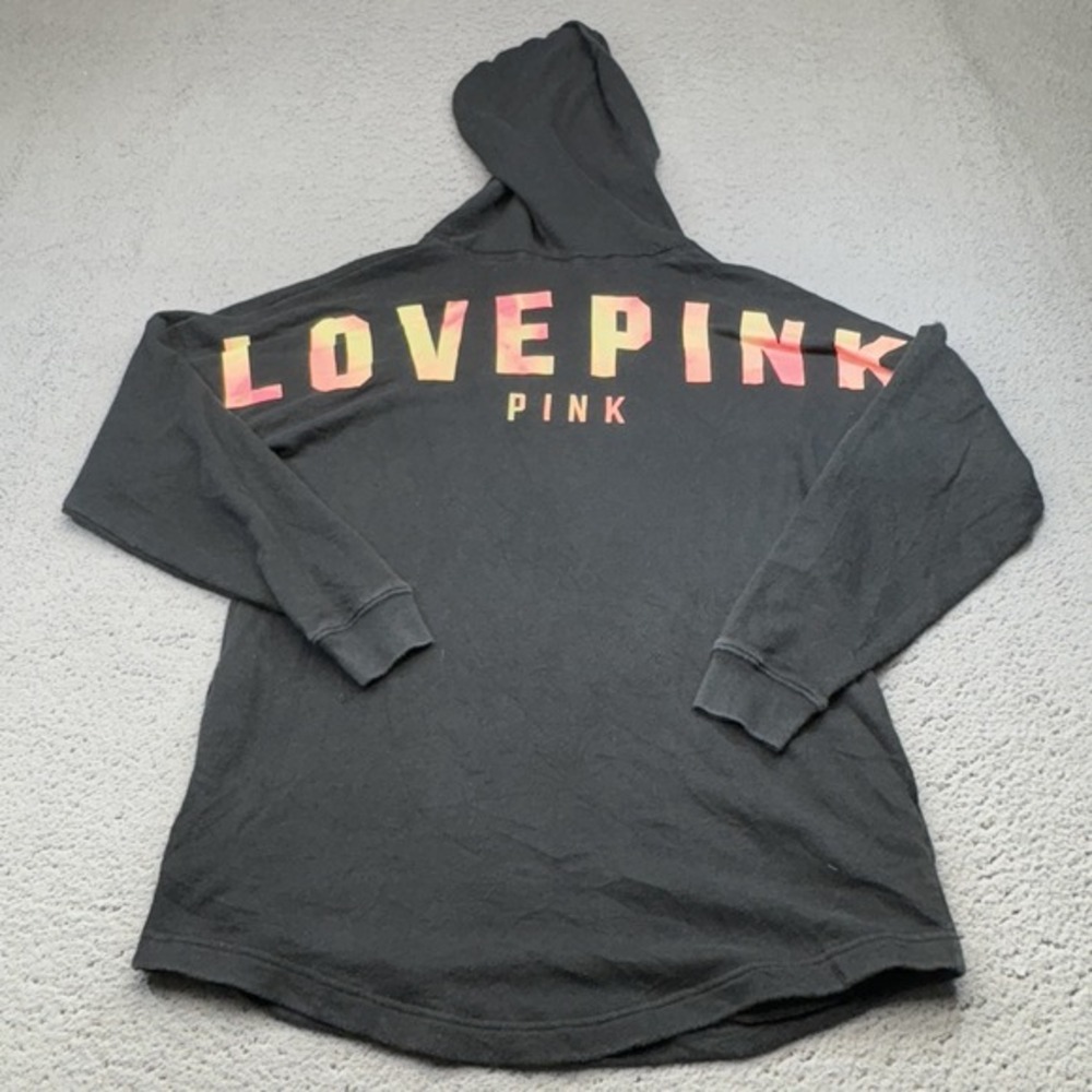PINK Victoria's Secret Hoodie Womens XS Charcoal Love Pink Back Graphic Dog Logo